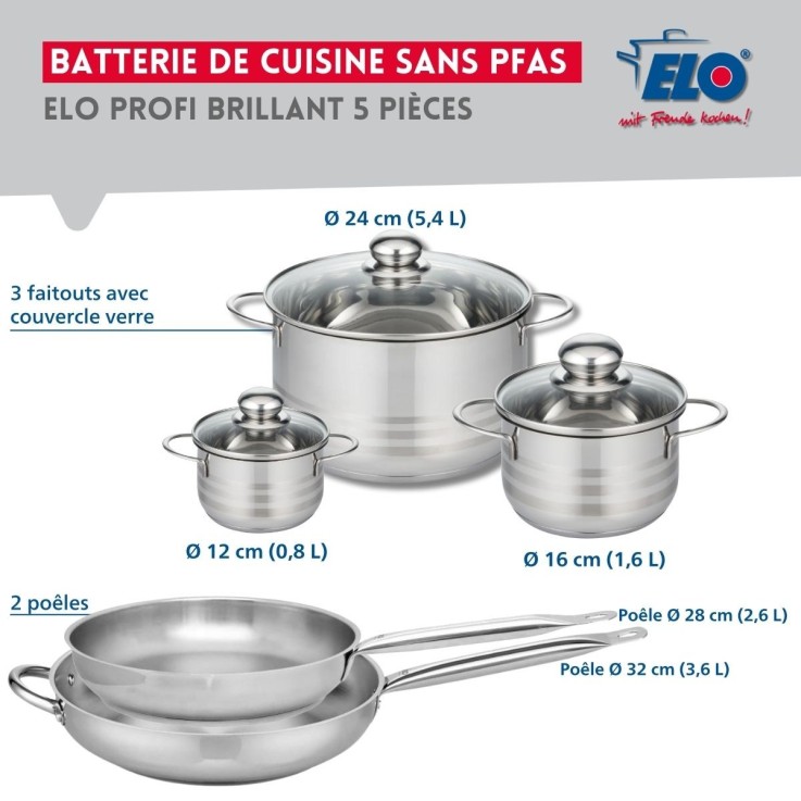 Batterie de cuisine Profi Brillant en inox - 2 poêles et 3 faitouts