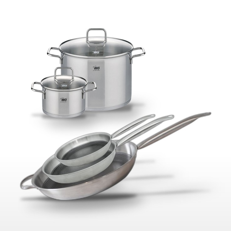 Batterie de cuisine Relief Solution en inox - 3 poêles et 2 faitouts