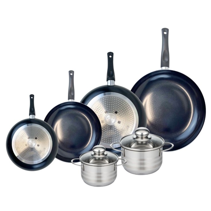 Batterie de cuisine Prima Brillant en aluminium et inox - 4 poêles, 2 faitouts