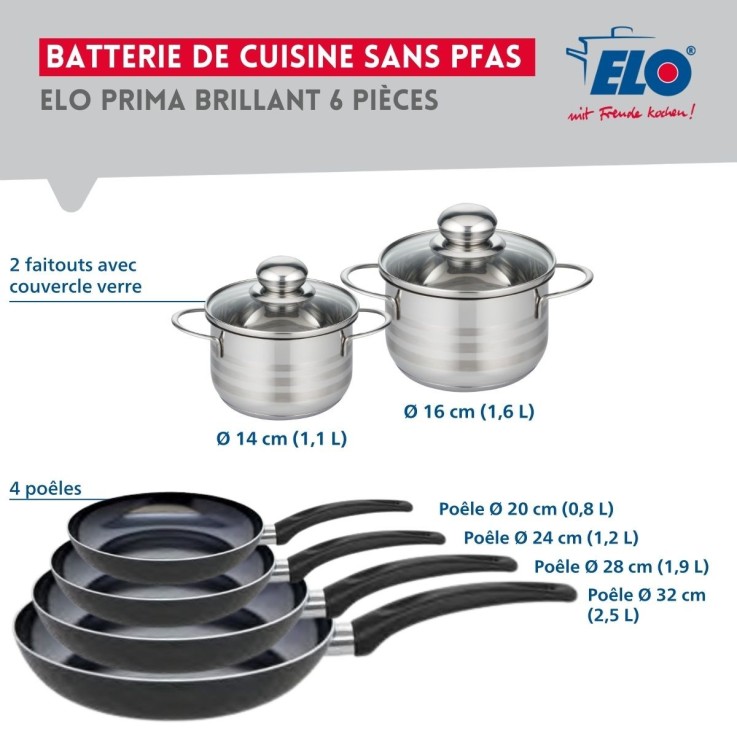 Batterie de cuisine Prima Brillant en aluminium et inox - 4 poêles, 2 faitouts