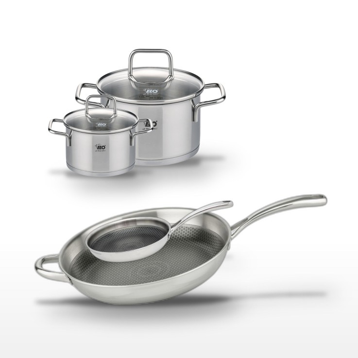 Batterie de cuisine Relief Evolution en inox - poêles 24/32 cm - faitouts 14/20 cm