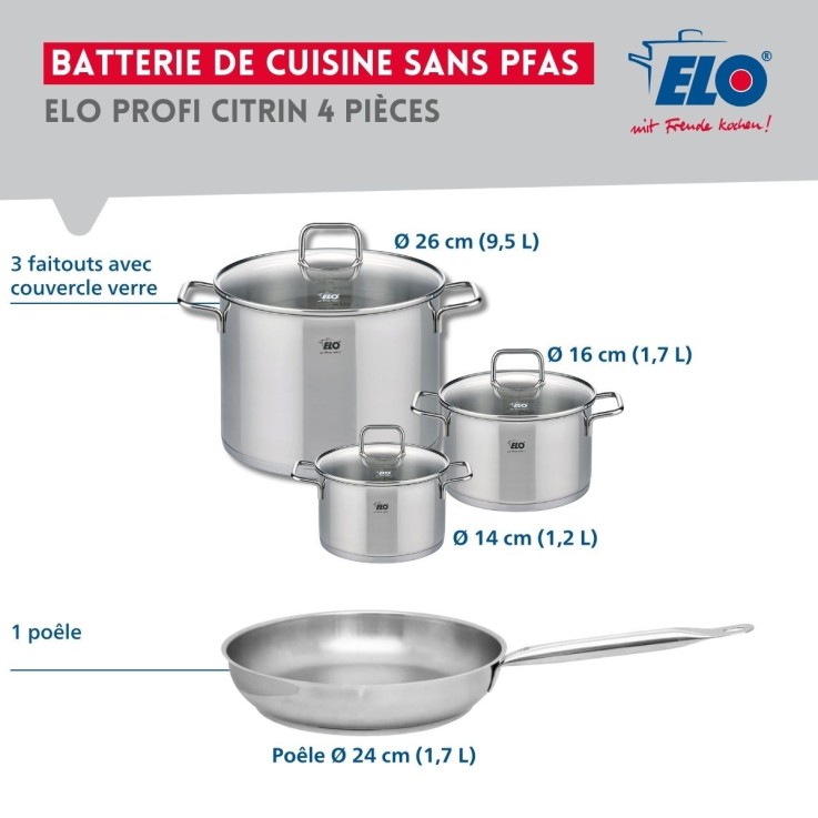 Batterie de cuisine Profi Citrin en inox - 4 pièces - 14, 16, 24 et 26 cm