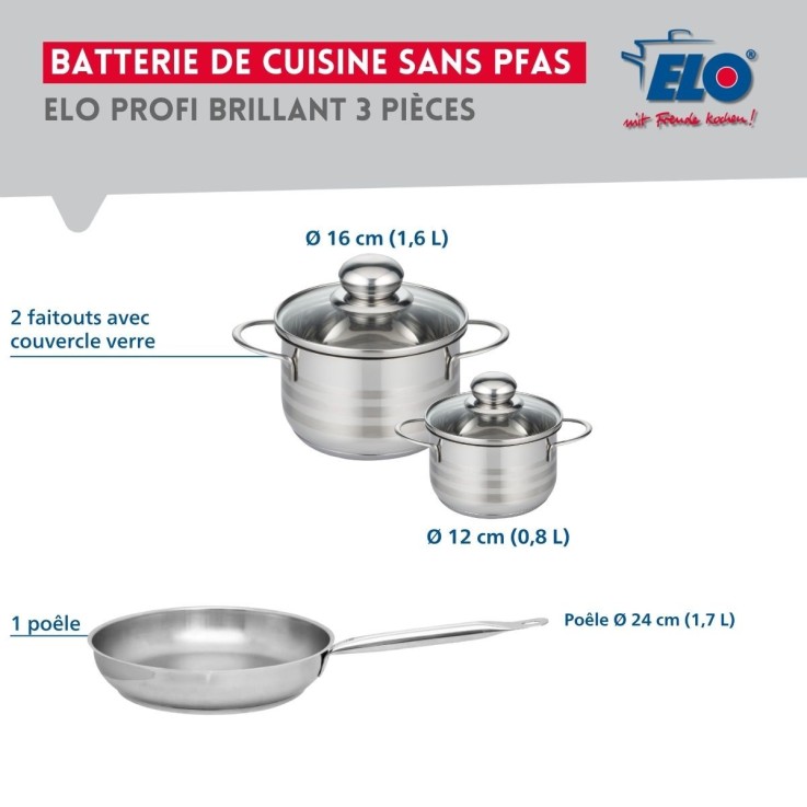 Batterie de cuisine Profi Brillant en inox - 24, 12 et 16 cm