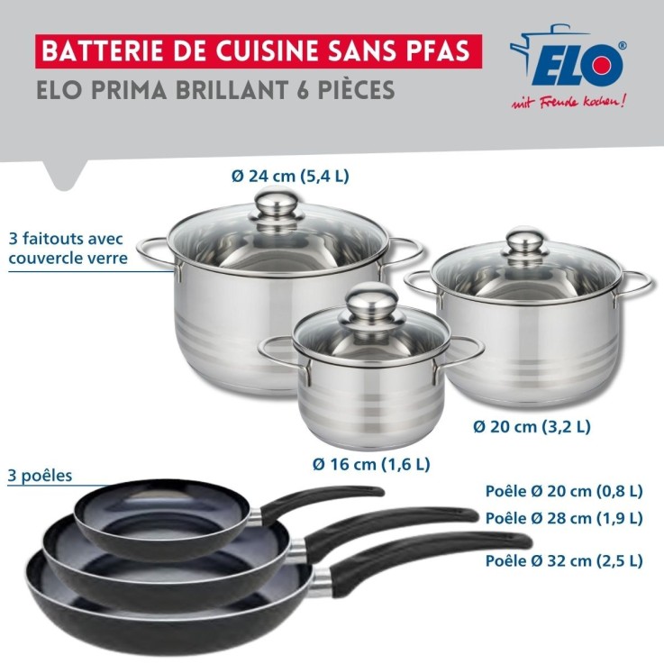 Batterie de cuisine Prima Brillant - 3 poêles et 3 faitouts de cuisson