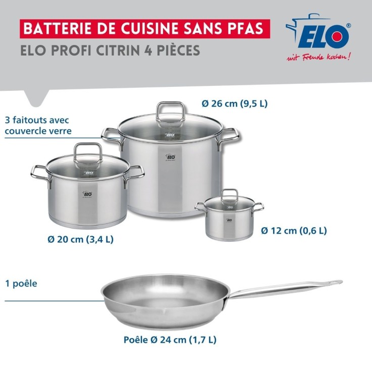 Batterie de cuisine Profi Citrin en inox - 12, 20, 24 et 26 cm