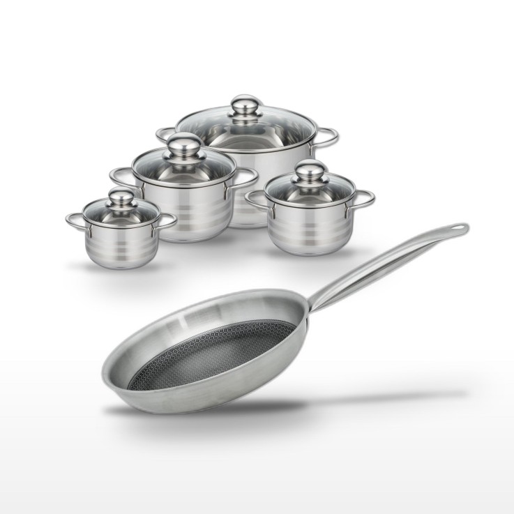 Batterie de cuisine Relief Solution en inox - poêle 24 cm - faitouts 12/14/16/24 cm - noire