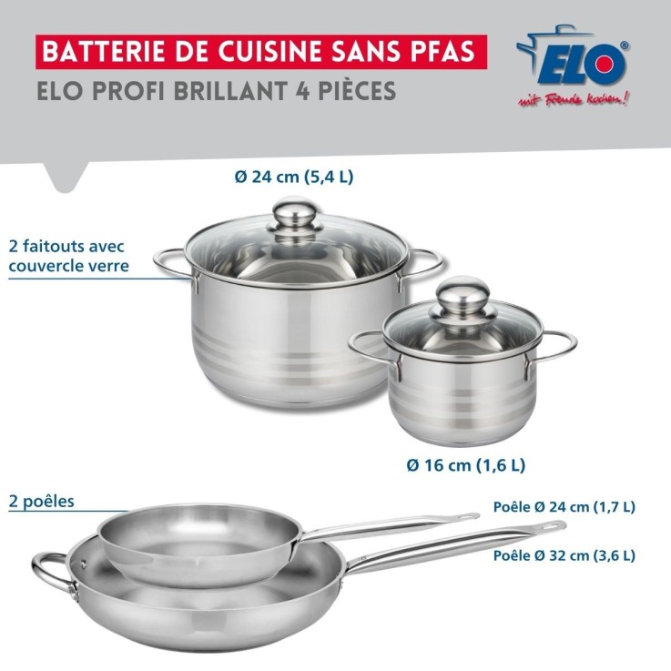 Batterie de cuisine Profi Brillant en inox - poêles 24/32 cm - faitouts 16/24 cm