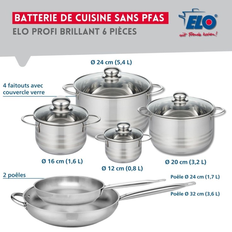 Batterie de cuisine Profi Brillant en inox - 6 pièces - 4 faitouts et 2 poêles