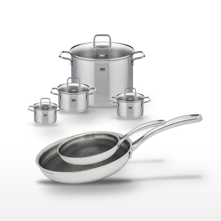 Lot de poêles et faitouts en inox - 12 à 28 cm
