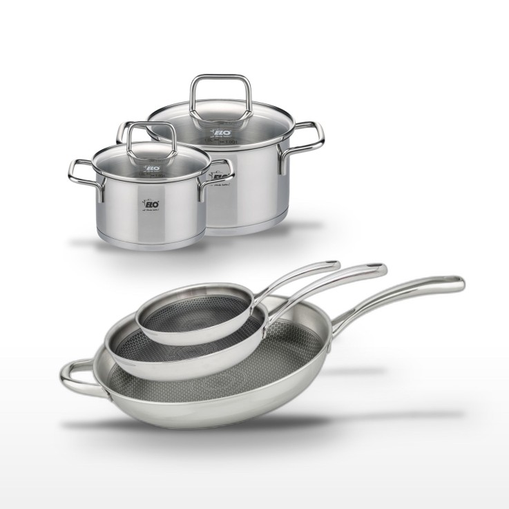Batterie de cuisine Relief Evolution en inox - 3 poêles et 2 faitouts