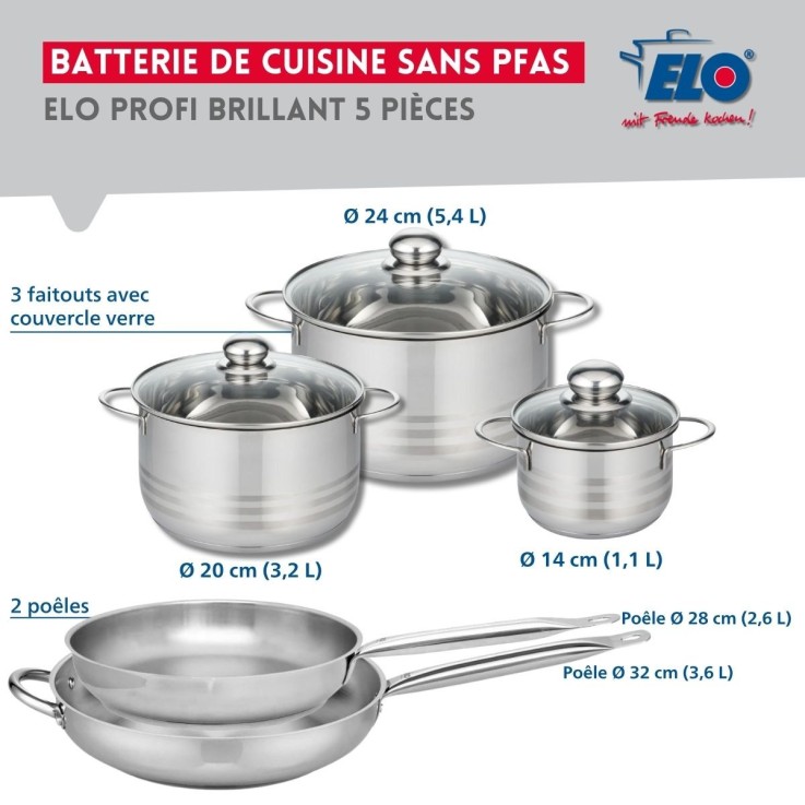 Batterie de cuisine Profi Brillant en inox - 2 poêles et 3 faitouts