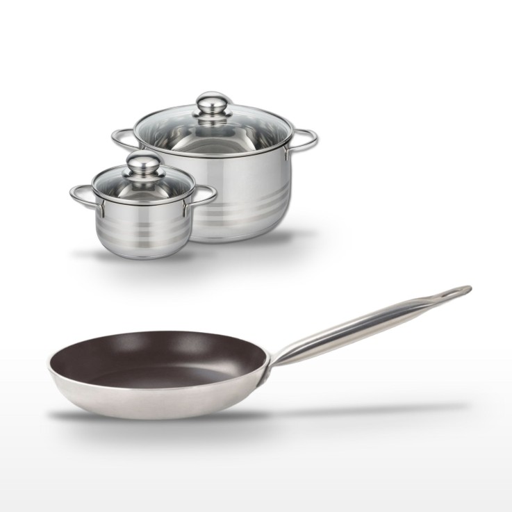 Lot poêle et faitouts Bistro Line en aluminium et inox - 32 cm - 1,1 L - 3,2 L