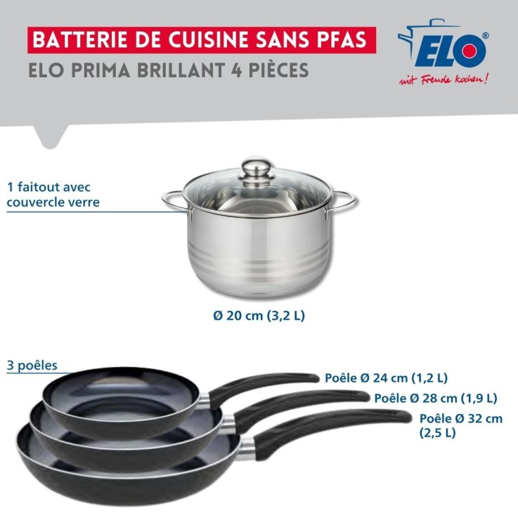 Batterie de cuisine Prima Brillant en aluminium et inox - 4 pièces - noir