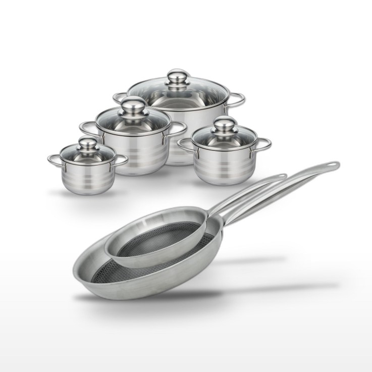 Batterie de cuisine Relief Solution en inox - 2 poêles et 4 faitouts - noir