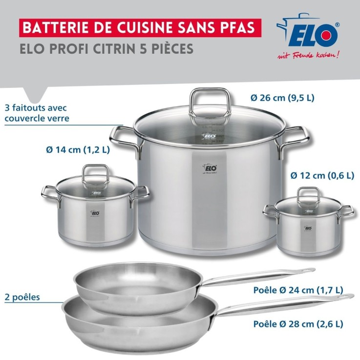 Batterie de cuisine Profi Citrin en inox - 2 poêles et 3 faitouts