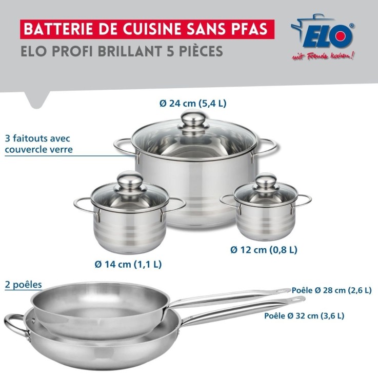 Batterie de cuisine Profi Brillant en inox - 2 poêles et 3 faitouts