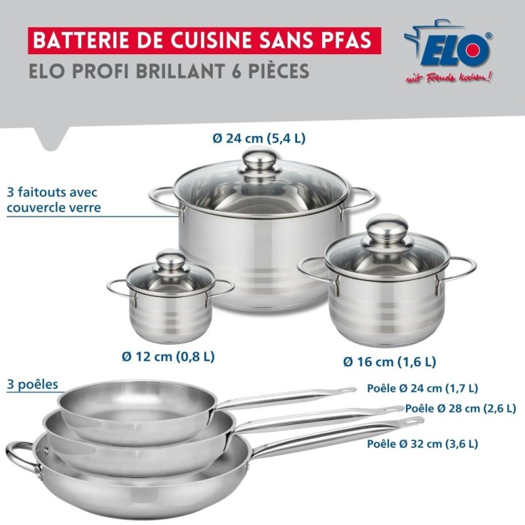 Batterie de cuisine Profi Brillant en inox - 3 poêles et 3 faitouts