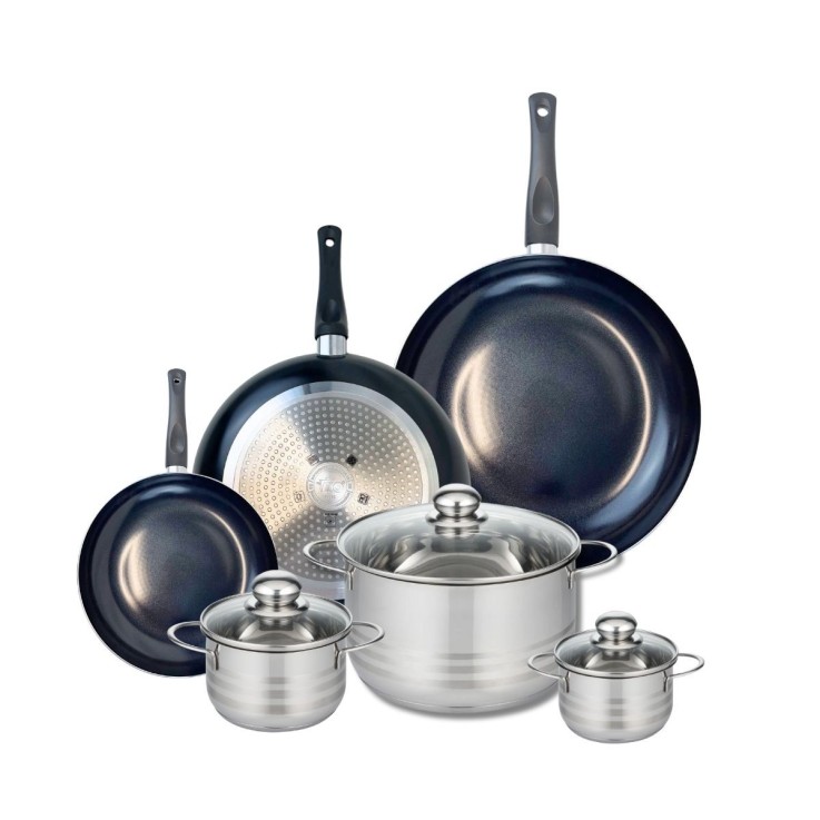 Batterie de cuisine Prima Brillant en aluminium et inox - 3 poêles, 3 faitouts