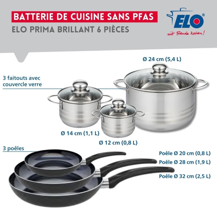 Batterie de cuisine Prima Brillant en aluminium et inox - 3 poêles, 3 faitouts