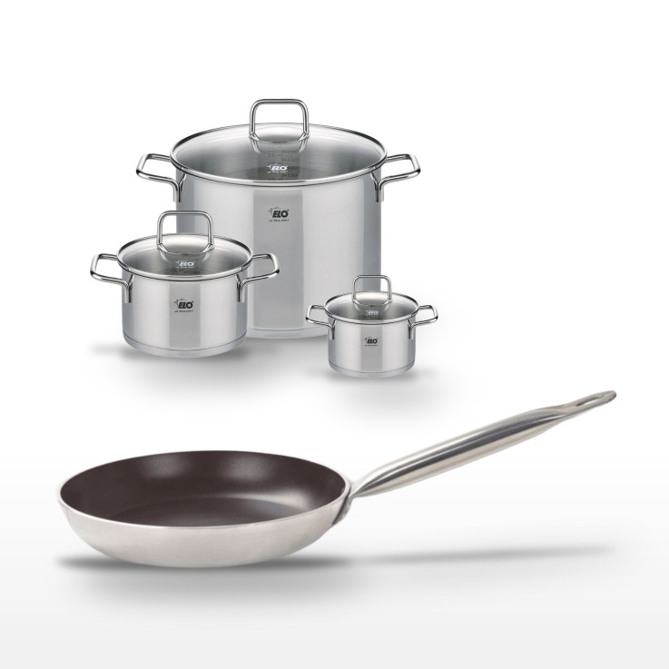 Batterie de cuisine en aluminium et inox - poêle 28 cm - 3 faitouts