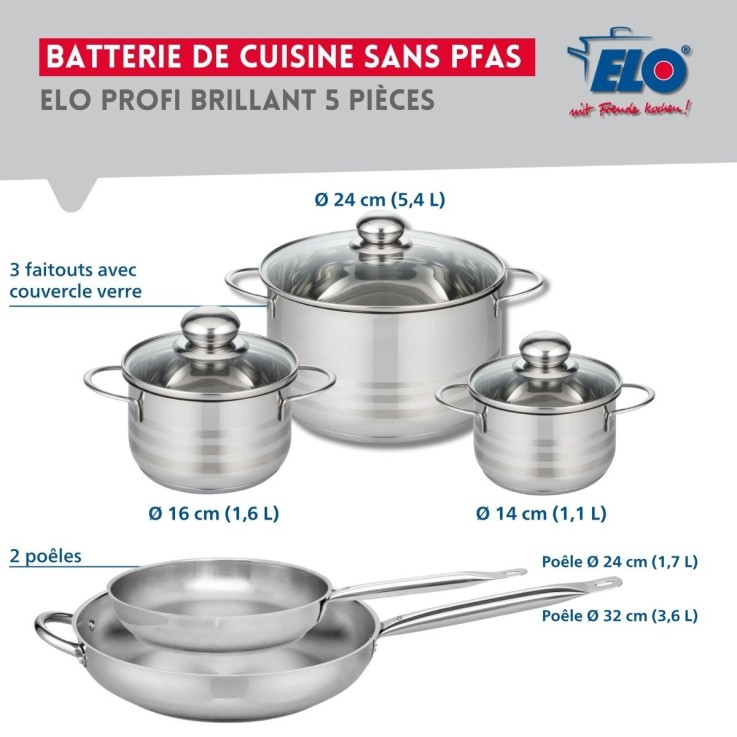 Batterie de cuisine Profi Brillant en inox - 14, 16, 24 et 32 cm