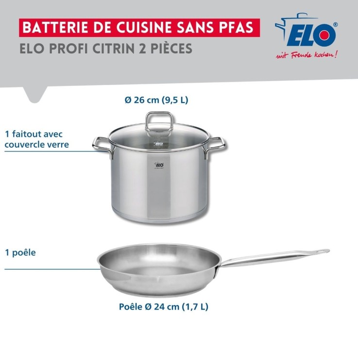 Batterie de cuisine Profi Citrin en inox - 24 et 26 cm - 9,5 L