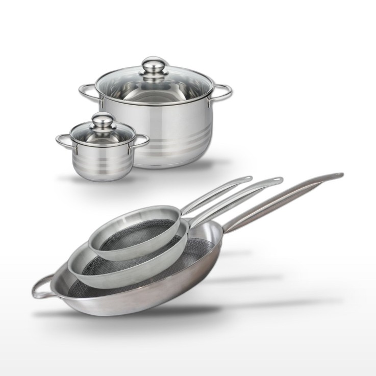 Batterie de cuisine Relief Solution en inox - 3 poêles et 2 faitouts