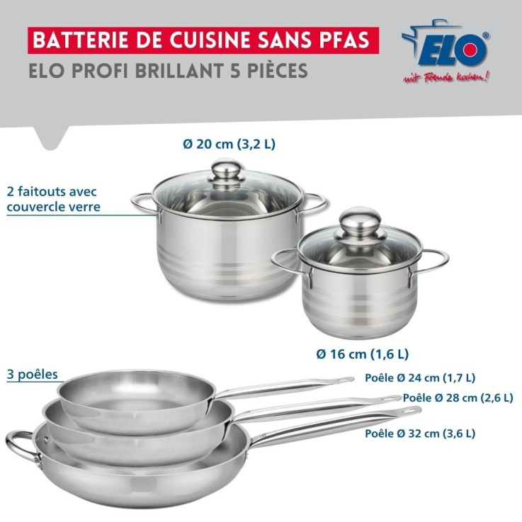 Batterie de cuisine Profi Brillant en inox - 3 poêles et 2 faitouts
