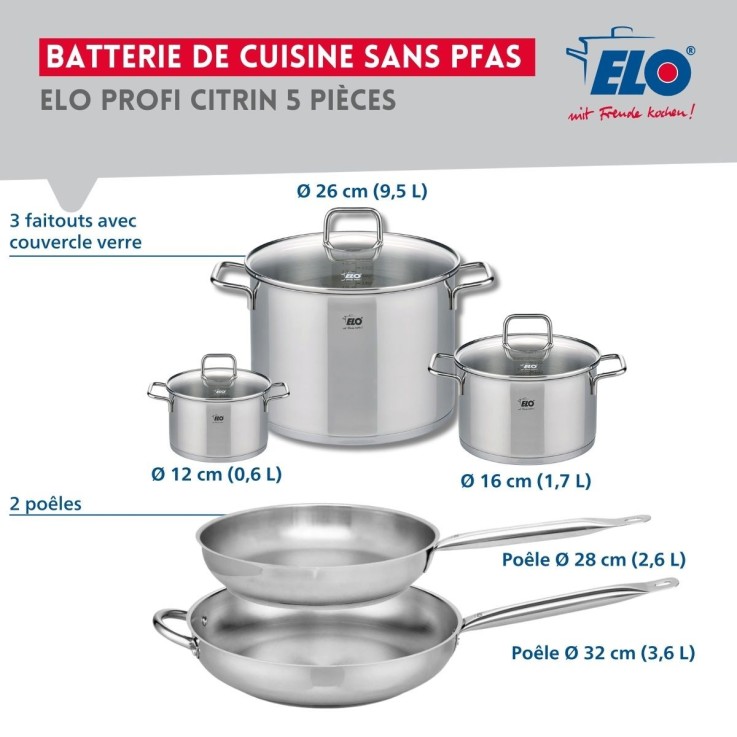 Batterie de cuisine Profi Citrin en inox - 2 poêles et 3 faitouts