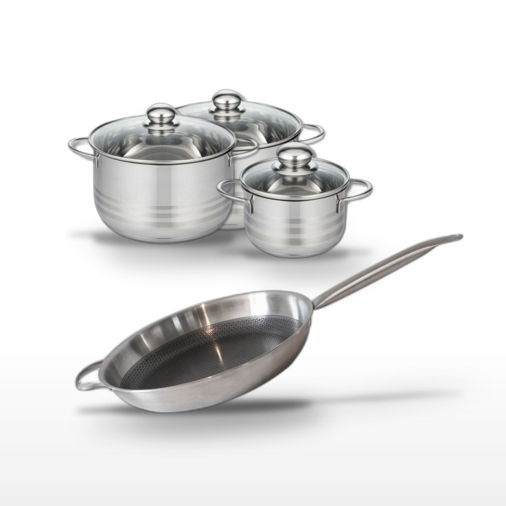 Batterie de cuisine Relief Solution en inox - 32 cm - 16/20/24 cm - grise