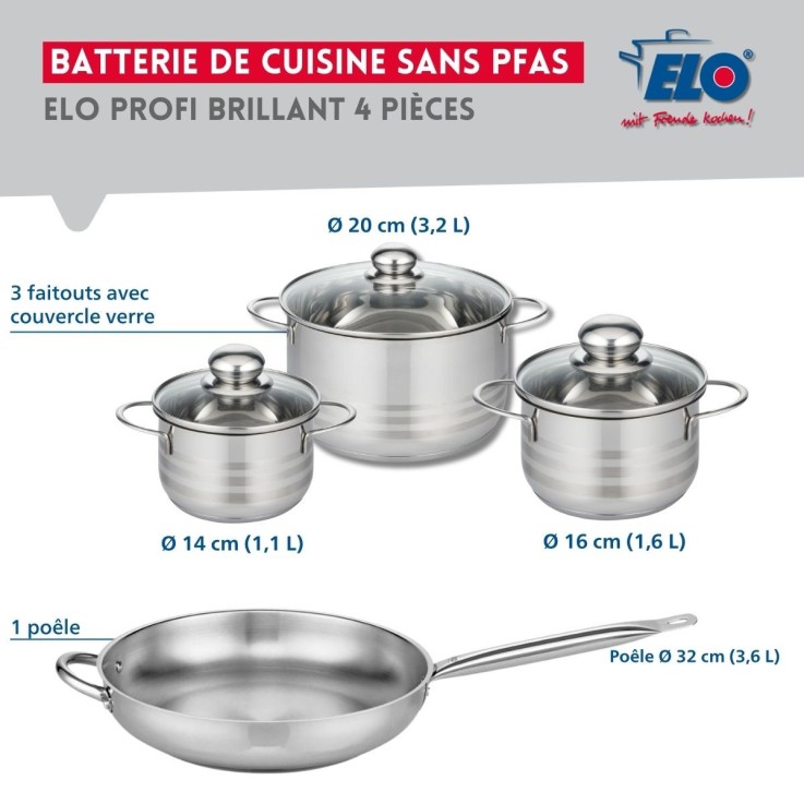 Batterie de cuisine Profi Brillant en inox - 4 pièces - poêle 32 cm