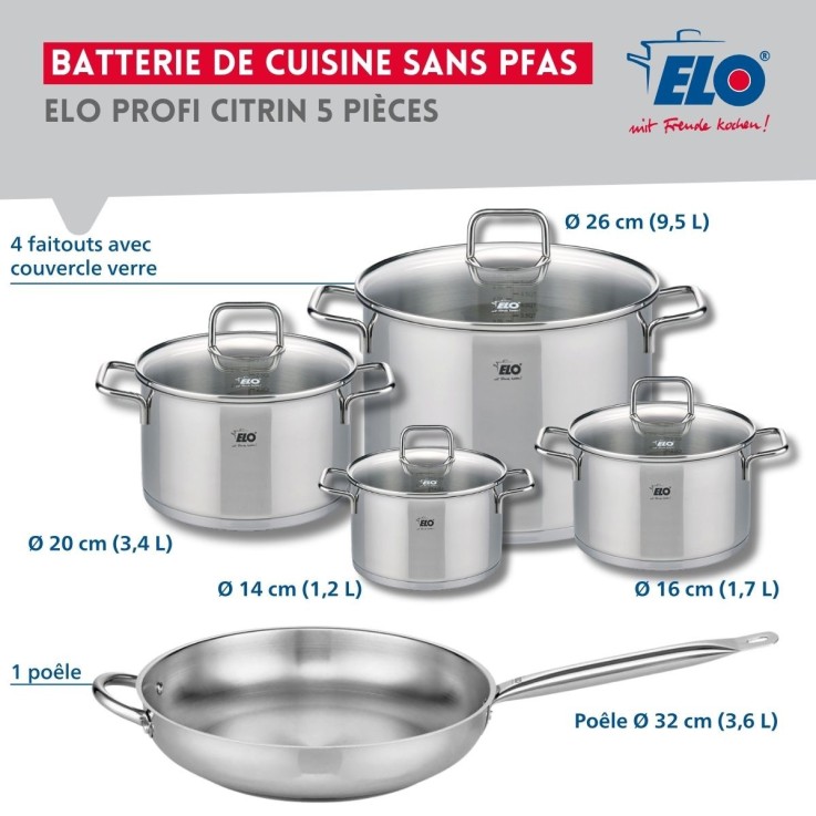 Batterie de cuisine en inox - 5 pièces - de 14 à 32 cm
