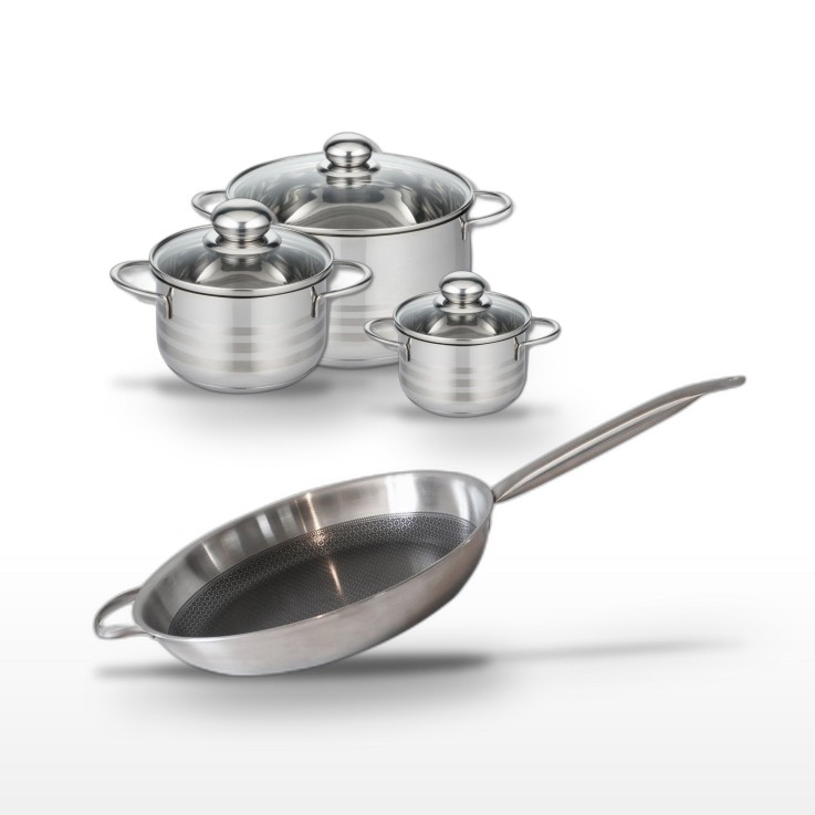 Batterie de cuisine Relief Solution en inox - 32 cm - 3 faitouts - grise