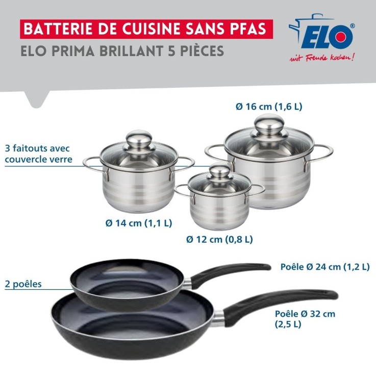 Batterie de cuisine Prima Brillant en aluminium et inox - 5 pièces - noir
