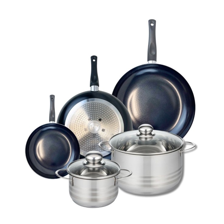 Batterie de cuisine Prima Brillant en aluminium et inox - poêles 20, 28 et 32 cm - faitouts 16 et 24 cm - noir