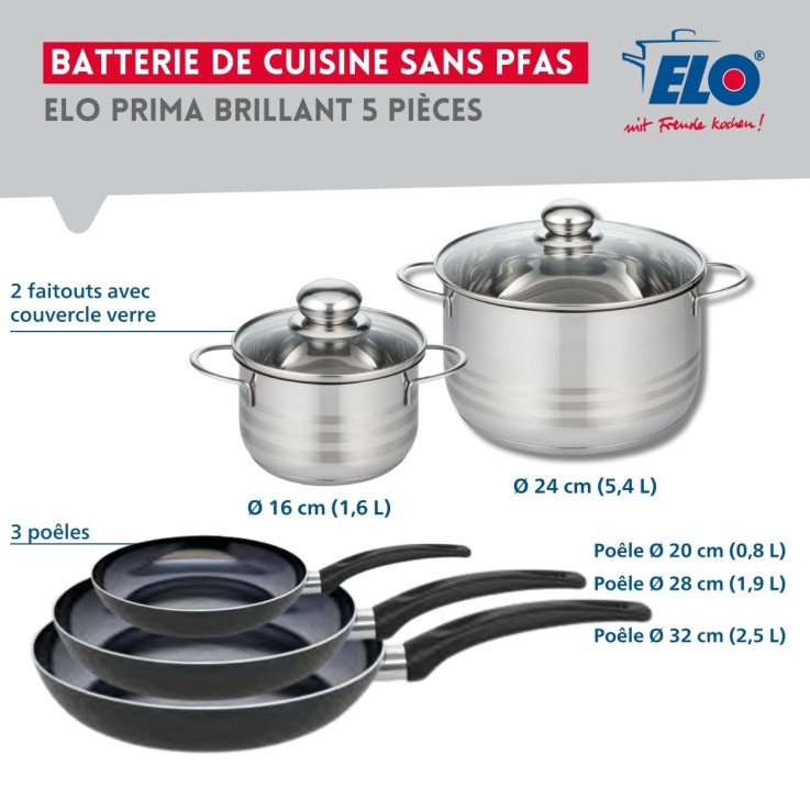 Batterie de cuisine Prima Brillant en aluminium et inox - poêles 20, 28 et 32 cm - faitouts 16 et 24 cm - noir
