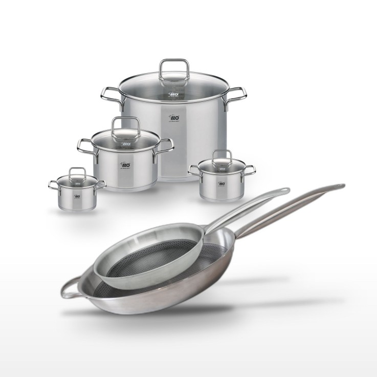 Batterie de cuisine Relief Solution en inox - 4 faitouts et 2 poêles
