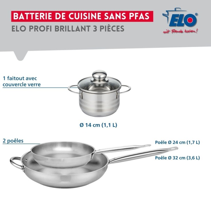 Batterie de cuisine Profi Brillant en inox - poêles 24 et 32 cm - faitout 14 cm