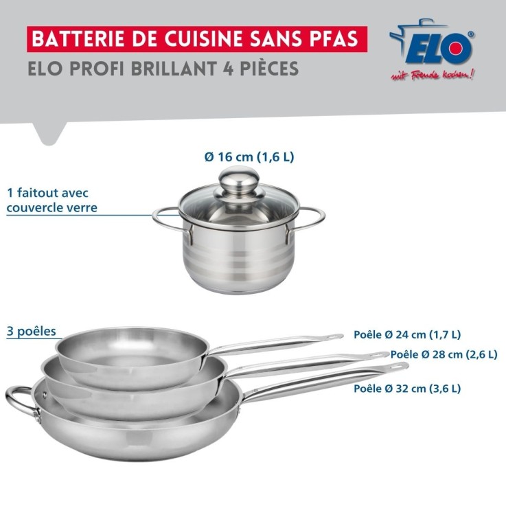 Batterie de cuisine Profi Brillant en inox - 16, 24, 28 et 32 cm