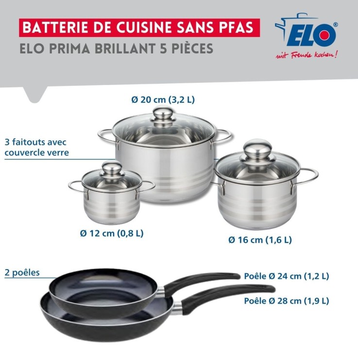 Batterie de cuisine Prima Brillant en aluminium et inox - 12 à 28 cm - noir