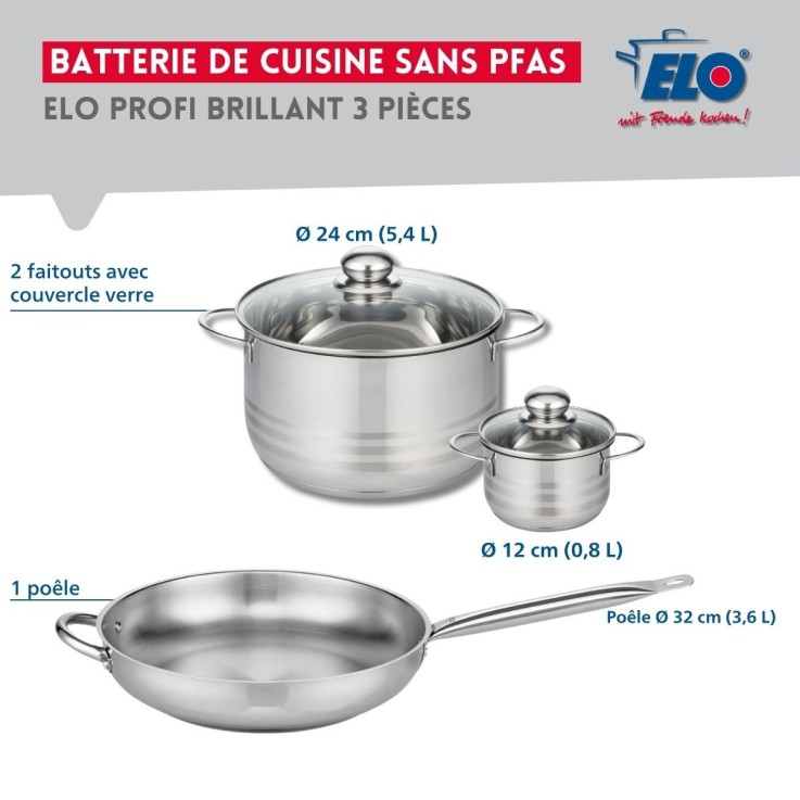 Batterie de cuisine Profi Brillant en inox - 12, 24 et 32 cm