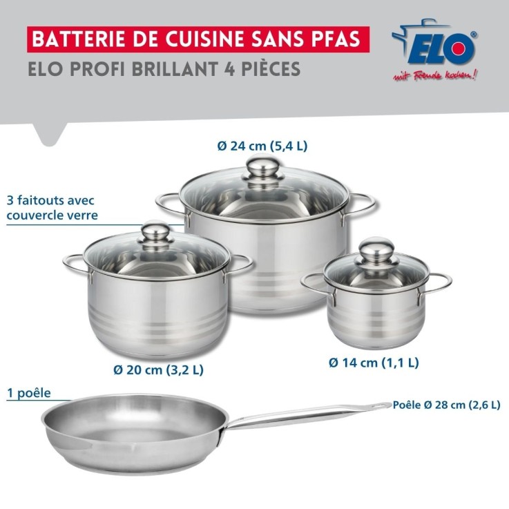 Batterie de cuisine Profi Brillant en inox - poêle 28 cm, trois faitouts