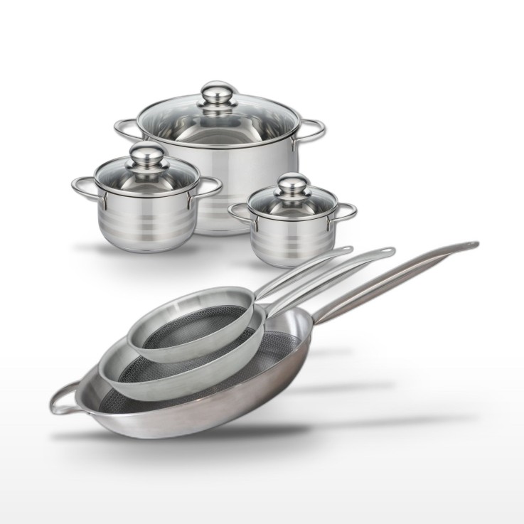Batterie Relief Solution en inox - poêles 24/28/32 cm et faitouts 12/14/24 cm