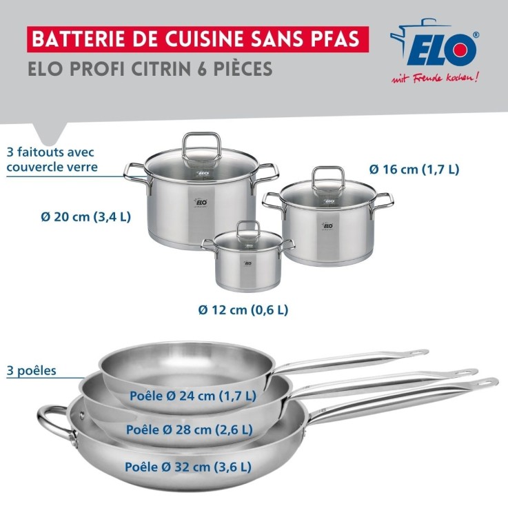 Batterie de cuisine Profi Citrin en inox - 3 poêles et 3 faitouts - grise