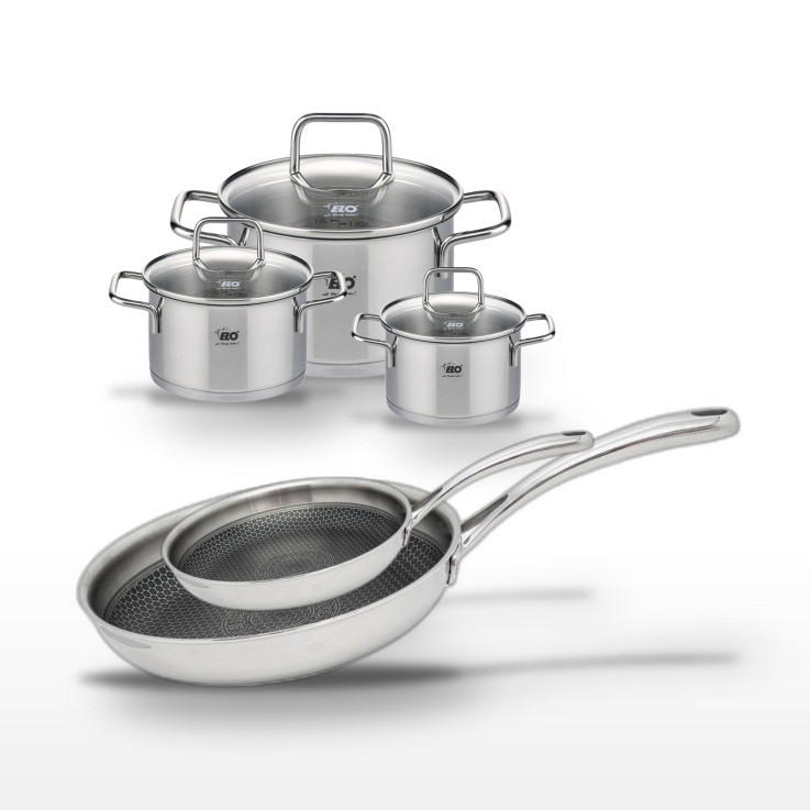 Batterie de cuisine Relief Evolution en inox - 2 poêles et 3 faitouts