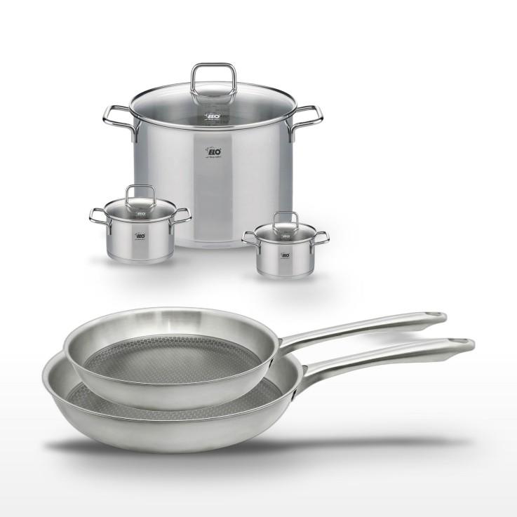 Lot de 2 poêles Relief Passion et 3 faitouts Citrin en inox - 24 et 28 cm
