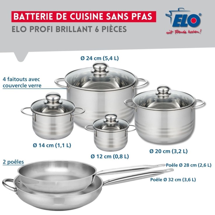 Batterie de cuisine Profi Brillant en inox - 6 pièces - diamètres 12-32 cm
