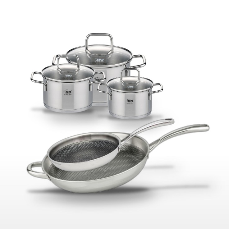 Batterie de cuisine Relief Evolution et Citrin en inox - 2 poêles et 3 faitouts