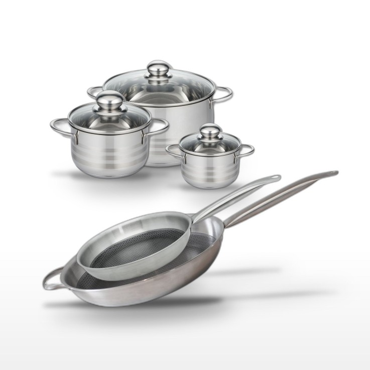 Batterie de cuisine Relief Solution en inox - 2 poêles 28/32 cm et 3 faitouts 12/16/20 cm