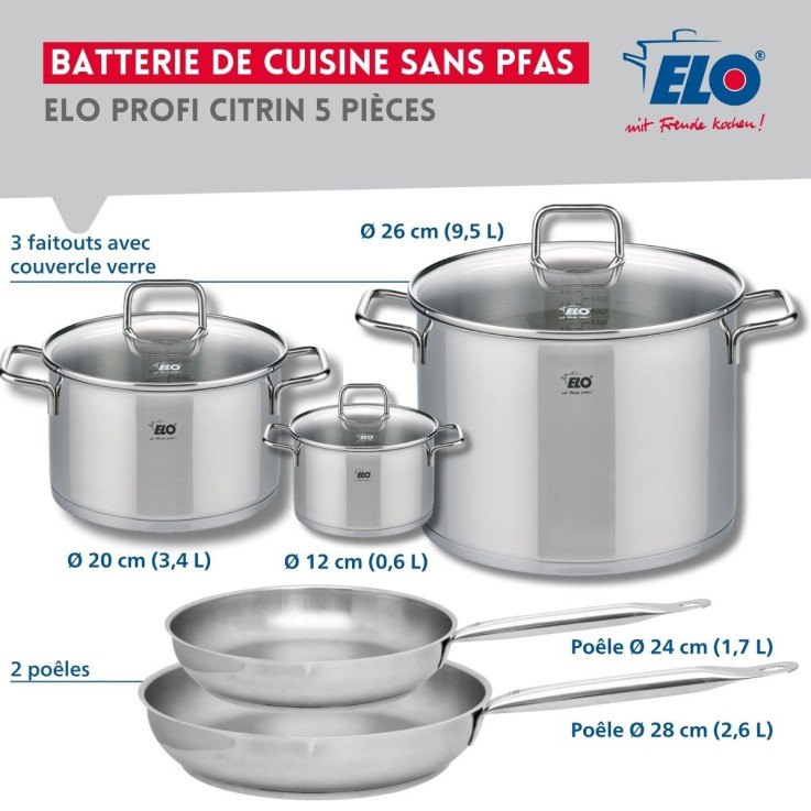 Batterie de cuisine Profi Citrin en inox - 2 poêles et 3 faitouts